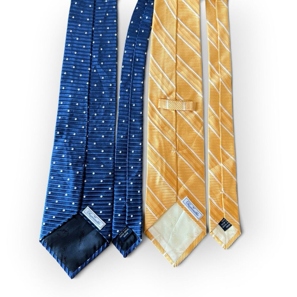 2x Faconnable Silk Tie Lot Woven Jacquard Striped Polka Dot Blue Yellow Gold